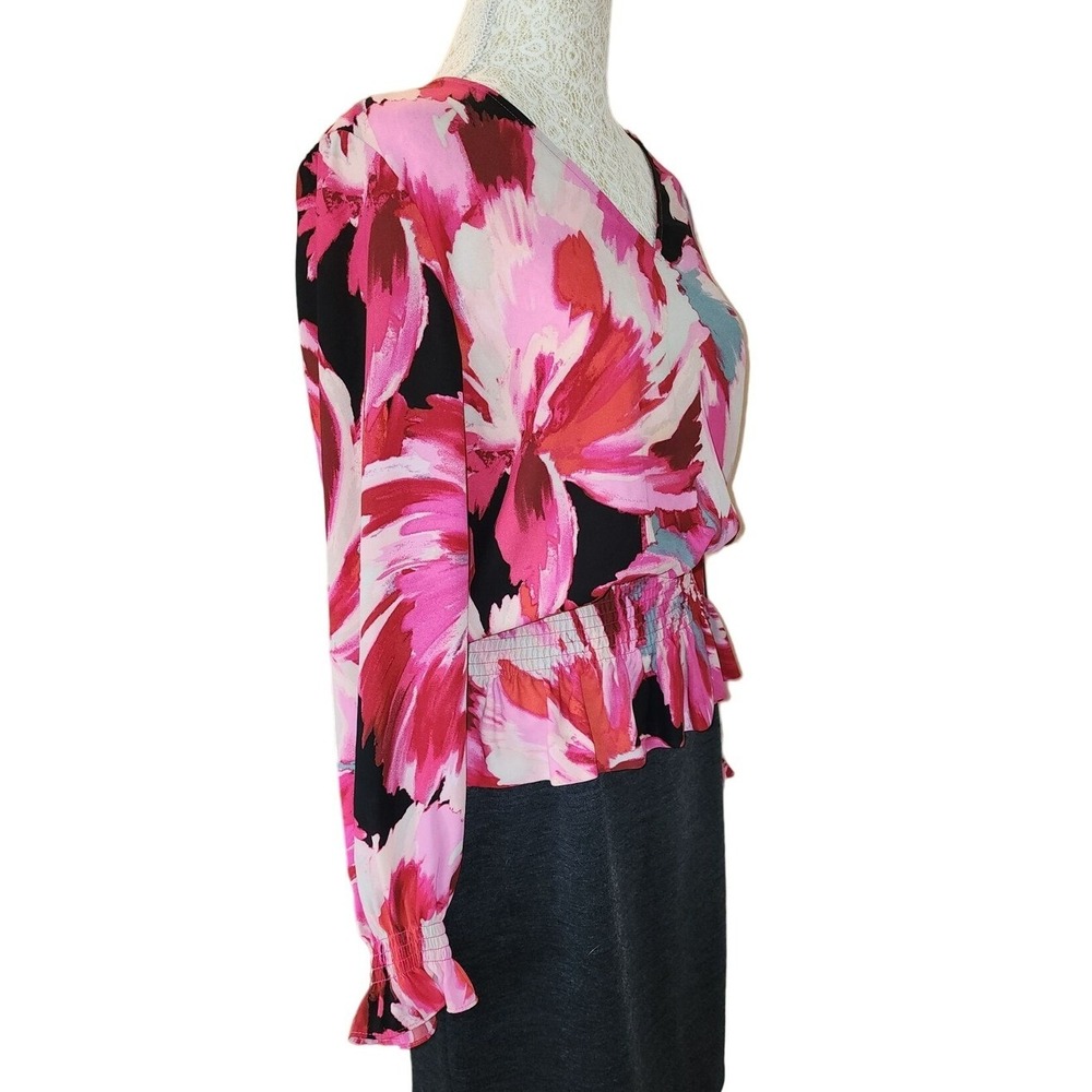 Halogen Blouse‎ M Retro Floral Print Long Sleeve Elastic Waist - Picture 3 of 7